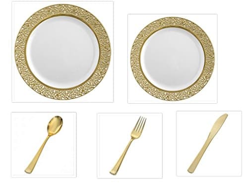 100 Pieces Premium Plastic China Plates Silverware Combo for 20 Guests WHITE with GOLD LACE Border and GOLD SILVERWARE Elegant Disposable Dinnerware - Weddings, Banquets, Parties Heavyweight Plastic