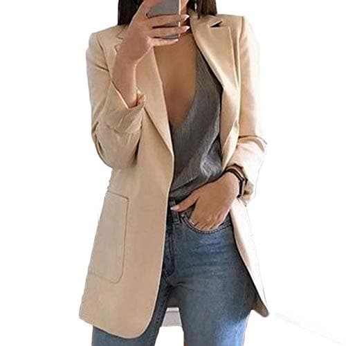 Womens Long Sleeve Open Front Blazer Longline Work Office Lapel Cardigan Jacket with Pockets