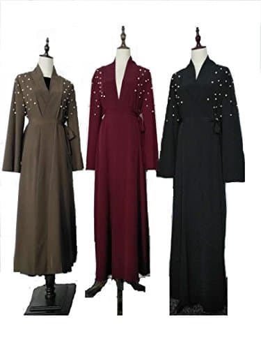 Women's front open Abaya with Pearls beaded, Plus size. (Medium, Red)