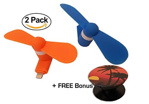 2 pack 8-pin Mobile Cell Phone Fan Portable Rotating Fan for Apple iPhone(Blue &amp; Orange) + A FREE Bonus - Multi-Function Holder Expanding Stand Grip