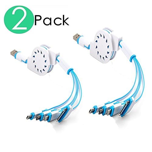 (2 Pack)Multi Charger,ANSOTT(3.3ft)Retracrable 4 in 1 Multifunctional USB Cable Adapter Connector with Type C/Micro USB/8 Pin Lighting/30 Pin for iPad,iPhone 7 Plus,Andriod,and More(Blue+White)