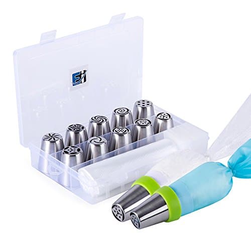 Russian Piping Tips Premium Complete 22 Piece Set | Includes 10 Decorating Tips, 1 Reusable Silicone Pastry Bag, 1 Tri-Color Coupler, and 10 Disposable Bags | For Cake and Cupcake Icing Decorating