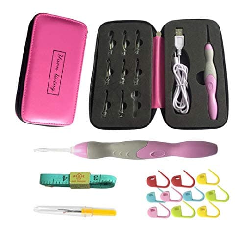 LED Crochet Hooks－9 Size Interchangeable Heads 2.5mm to 6.5mm Ergonomic Grip Handles,LED Rechargeable Crochet Hook Set with Case(Pink)
