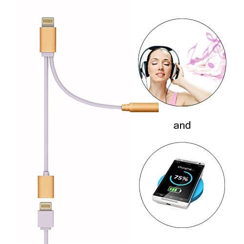 2-in-1 Lightning Adapter,3.5 mm Headphone Jack and Charging Adapter Cable, Interface Headphone Connector/Converter for iPhone 7/7 Plus/6S/6 Plus - Gold