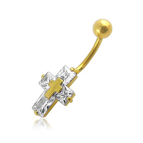 14K Solid Yellow Gold Cross with CZ Stone Belly Ring - 14Gx3/8 (1.6x10MM) Banana with 5MM Ball