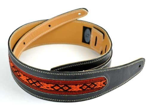 Pete Schmidt Handcrafted Leather Guitar Strap - Thick Line: Black with Peruvian Cloth