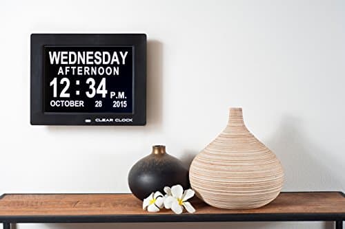 Clear Clock WIRELESS Battery Powered Digital Memory Loss Calendar Day Clock Most Advanced Day Clock Available With Optional Day Cycle Mode &amp; Alarm Perfect For Seniors Full Day &amp; Month Spelling (Black)