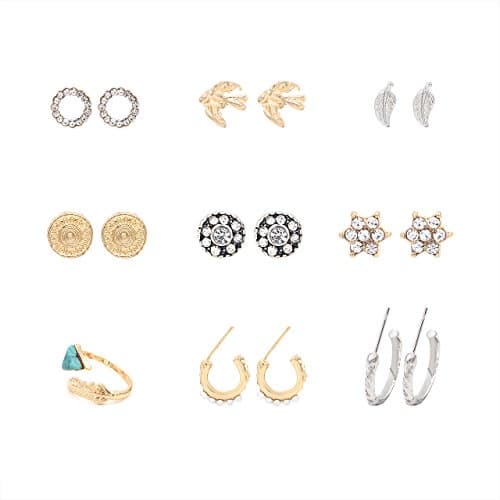 Hanloud Multi Assorted Hoop Stud Earring Set Geometric Birds Leaf Sart Crystal Ear Stud Cuff Turquoise Ring Earrings Set 9 pcs Pack