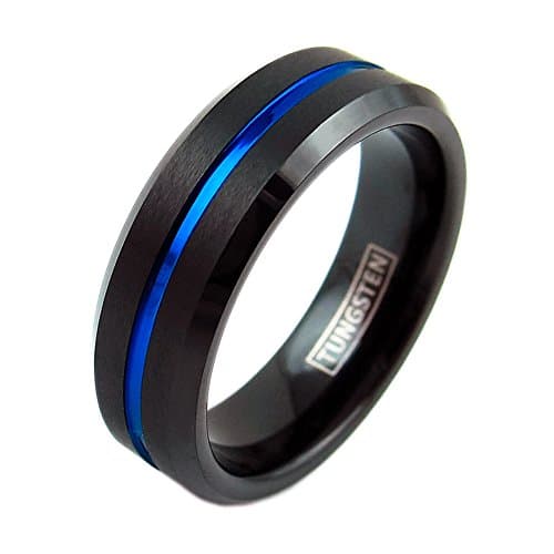 Awesome 6mm Black Tungsten Ring w/ Cool Thin Blue Line Stripe &amp; Beveled Edges. (6mm tungsten, 10)