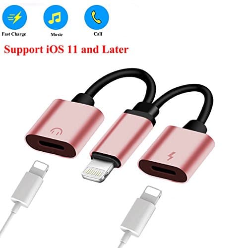 Apple iPhone X / 7 / 7 Plus / iPhone 8 / 8 Plus Dual Lightning Adapter&amp;Splitter,2 in 1 Headphone Audio and Charge Cable Lightning Connector,Support iOS11 and Later,for iPhone 7 / 8 / 10 - Rose Gold