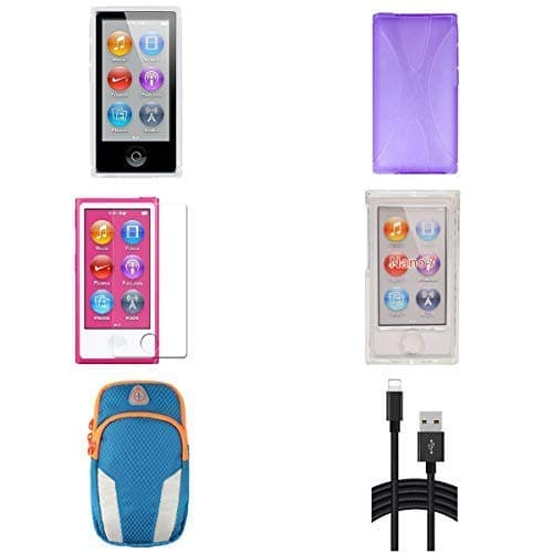 Aiboco 6 Accessories kit for iPod Nano 7 7th Generation Slim TPU Rubber Case + Soft Clear Case Skin + Clear Hard Case + Charging Cable + Sports Armband + Screen Protector (Purple)