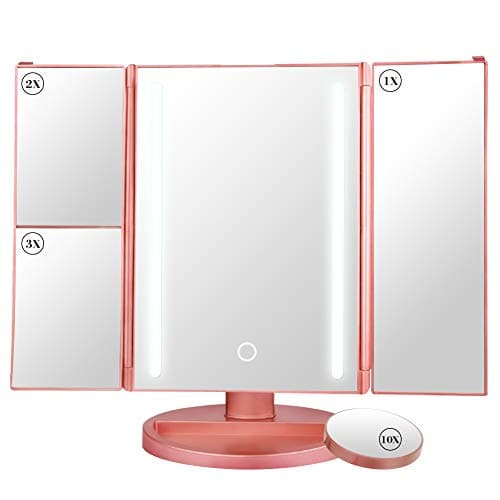 Makeup Mirror, Tri-fold Led Lighted Mirror with Touch Dimmer and 180-Degree Rotation, USB Cable or Battery Powered