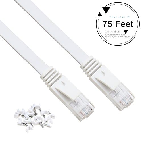 CFCAB Cat 6 (Strand) Copper Ethernet Cable - Flat Slim Ethernet Patch Cable - High Speed Flat Network Cable With Snagless RJ45 Connectors (500 MHz,10 Gbps/s)(75 Feet, White) - 3 Year Warranty