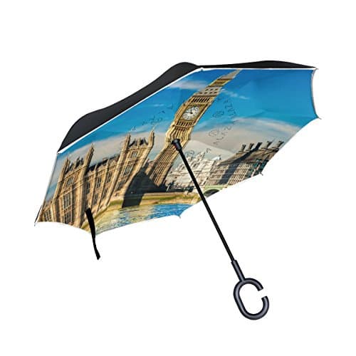 THENAHOME Reverse Inverted Auto Open Umbrella Upside Down Compact Lightweight &amp; Windproof Waterproof Straight Umbrellas with Big Ben for Car &amp; Outdoor