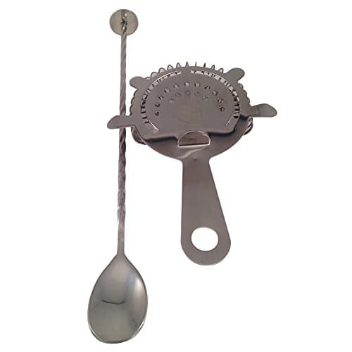 On The Rox 2 Piece Cocktail Mixing Accessory set includes the following: 10" Stainless Steel Cocktail Mixing Spoon with a Round End, and a Stainless Steel Cocktail Strainer
