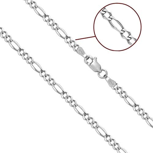 10K Solid White Gold 3mm Figaro Link Chain Necklace, 16-26"