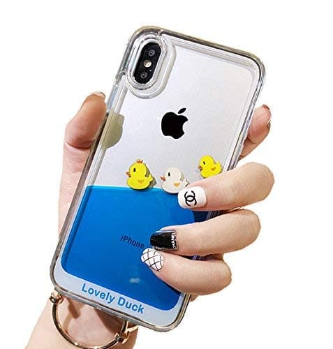 Skoveph Dynamic Blue Liquid Floating Case Compatible with iPhone Xs Max, Yellow Ducks and Pirate Ship Flexible Soft Rubber Case with Quicksand Cover (iPhone Xs Max, Three Ducks)