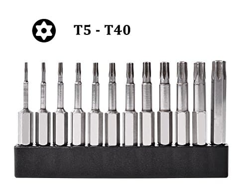 Torx Screwdriver Bit Set, 1/4-inch Hex Shank, S2 Material, 50mm-length, Magnetic, T5-T40（Pack of 12）