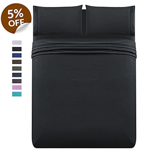 Luxe Manor 4pc Queen Size Bed Sheet Set - Soft Brushed Microfiber Fitted Flat Sheet & Embroidered Pillow Case Set - Deep Pocket Wrinkle Free Hypoallergenic Bedding, Best Christmas Gifts, Black