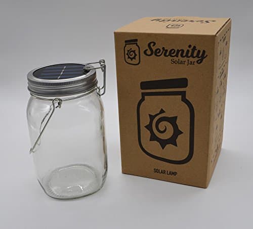 Solar Powered Light Jar By Solar Serenity – 4 LED Lights – Multipurpose Indoor &amp; Outdoor Patio, Yard, Driveway, Garden, Hanging Light &amp; Table Lantern – Relaxing, Bright, (Warm)