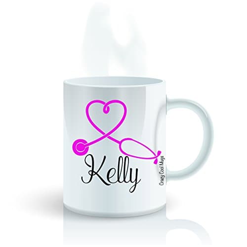 Medical Custom Personalized Coffee Mug by Crazy Cool Mugs | Customized Name, Pink Heart Shaped Stethoscope For Doctor or Nurse, Medical School or Nursing Pride, Graduation Achievement, 11 Ounce White