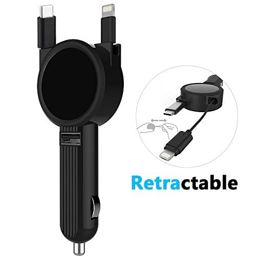 Car Charger, Retractable [USB Type-C][Lightning/Micro USB] Charging Cable Universal USB Car Charger Adapter for iPhone 8/X,Samsung Galaxy Note 8,S8,LG V30 G6 G5,Google Pixel 2,Nintendo Switch (Black)
