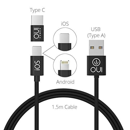 3 IN 1 Charging USB Cable for Lightning, Micro USB, USB-C /Universal connector for both Micro USB and Lightning/ USB-C adapter/ Port protection and steel chain/ Quick charge 2.4A/ 5 ft lenght/ Durable