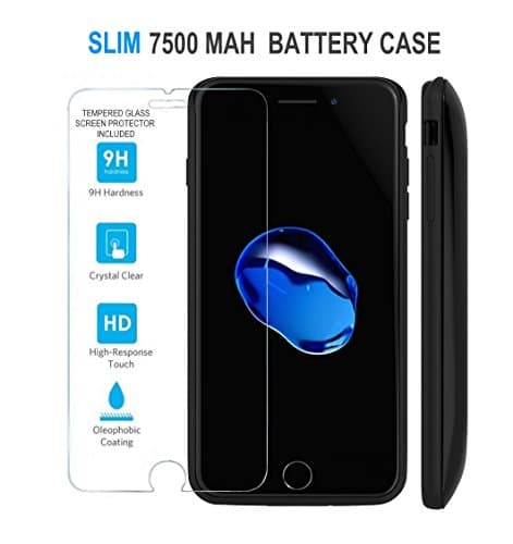 iPhone 7 Plus Battery Case + Tempered Glass Screen Protector, ZgearZ 7500mAh Slim Charger External Rechargeable Power Pack. Use This Portable Protective Charging Cover Case as Backup Power for iPhone