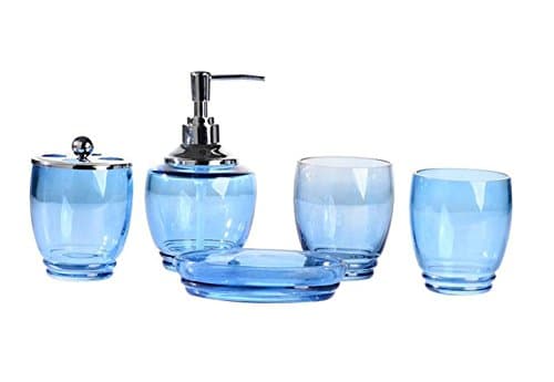 Leop Modern Decorative Five Pieces Bathroom Accessory Set Soap Dish Lotion Pump Dispenser Tumbler Toothbrush Holder Glass Blue