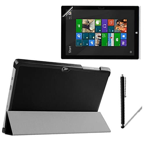 3in1 For Microsoft Surface 3 RT3 Surface3 10.8 inch Tablet PC Ultra Thin Slim Folio Stand Sleep / Wake Up Leather Case Smart Cover +1x Clear Screen Protector +1x Touch Stylus (Black)