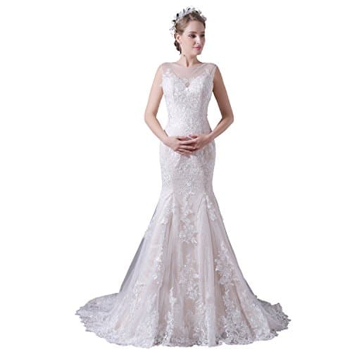 Engerla Long Fishtail Lace Applique Sweep Train Straps Open Back Bridal Dress US16