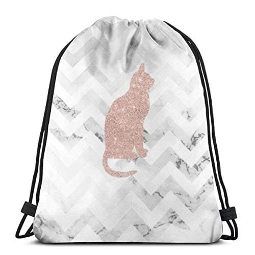 Modern Rose Gold Glitter Cat On White Marble Chevron Pattern 3D Print Drawstring Backpack Rucksack Shoulder Bags Gym Bag For Adult 16.9"X14"