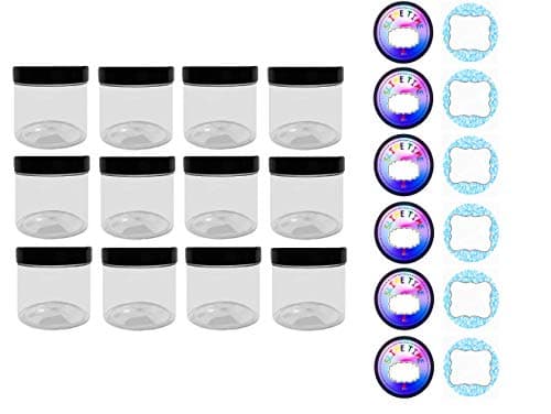 Slime Storage Container Jars with Lids – 12 Pack – 4 oz. Clear Slime Craft Jars with Lids and 2 Sets of Labels. Empty Leak Proof Slime and Craft Storage Jars, BPA Free