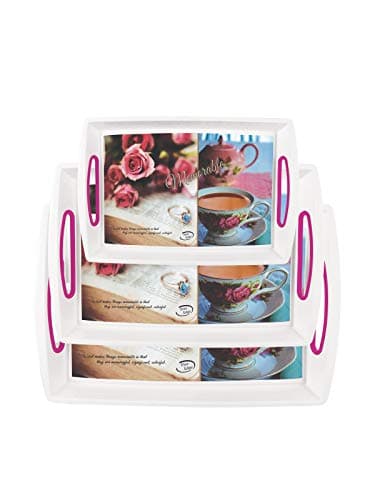 InddusHomeServing Tray Set with Rectangular Shape, Printed Design, Natural, Pack of 3 Tray Set - Large, Medium, Small (Pink)