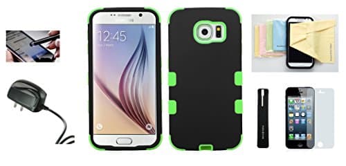 Galaxy S6 Case [Shock Proof][drop Protection] Dual-layer Protective Frame Cover Momiji® [Screen Guard] Protector, Cleaning Cloth, Stylus Pen, Home Charger for Galaxy S6 (Black/Green)