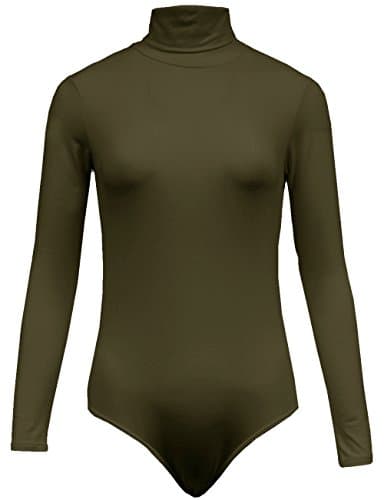 KOOLDO Womens Basic Solid Turtleneck Bodysuit with Snap Button Closure-S-OLIVE