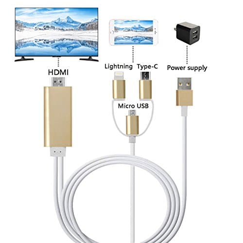 ISEAN 3 in 1 Lightning/Micro USB/Type-C to HDMI Cable, Mirror Mobile Phone Screen to TV/Projector/Monitor, 1080P HDTV Adapter for iPhone iPad Samsung etc (Gold)
