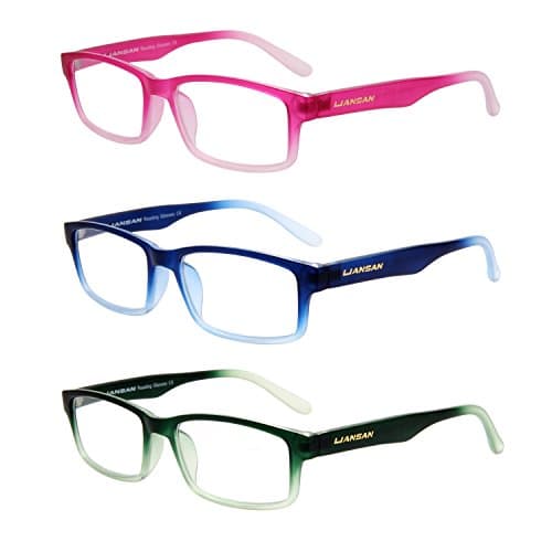 LianSan Womens Mens Designer 3 Pack Magnifying Rectangular Lightweight Reading Glasses Unisex Fashion Readers 1.5 1.0 2.0 2.5 3.0 3.5 4.0 L3713 (+3.00, PK-BU-GN)
