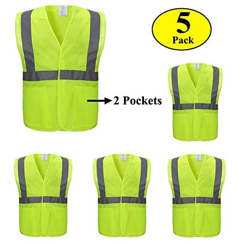 Construction Vest with 2 Pockets,5 Pack,Reflective Safety Vest with Sliver Stripe,Made from Breathable Neon Mesh Fabric,High Visibility Safety Vest with ANSI Class 2 by CIMC (Large)