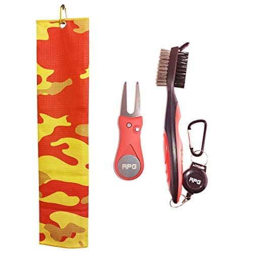 Players Pack--RPG Retractable Two-Sided Golf Brush, Magnetic Switchblade Golf Divot Tool, and Tri Fold Microfiber Golf Towel - Waffle Weave (Orange Camouflage)