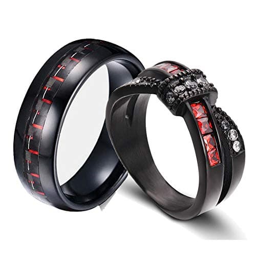 Two Rings His and Hers Wedding Ring Sets Couples Rings Women's Black Gold Filled Red Agate Cubic Zirconia Wedding Engagement Ring Bridal Sets & Men's Stainless Steel Wedding Band