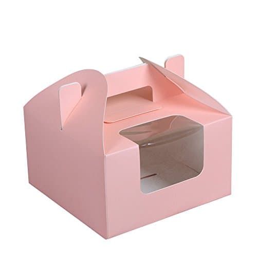 Cupcake Boxes 4 Cavity Holds with Window, Handle and Inserts Cardboard Cake Muffin Gift Holder Box 6.1" x 6.1" x 4" Pack of 6 Count (Pink)