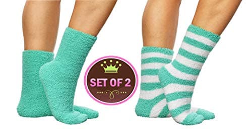 ARAD Premium Soft Warm Microfiber Fuzzy Socks-Multi Color- 2 Pairs- Striped Aqua and Solid Aqua