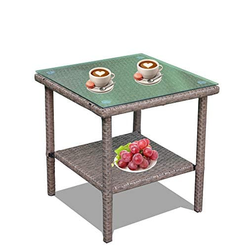 LEAPTIME Patio Side Table Coffee Table Tea Table Chocolate Brown Rattan Outdoor Indoor Square Table Balcony Small End Table