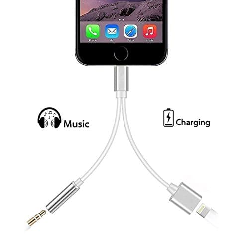 2 in 1 Lightning iPhone 7 Adapter, Lightning to 3.5mm Headphone Jack Audio Adapter Premium Lightning Adapter and Charger for iPhone 7 / 7 Plus (Silver)