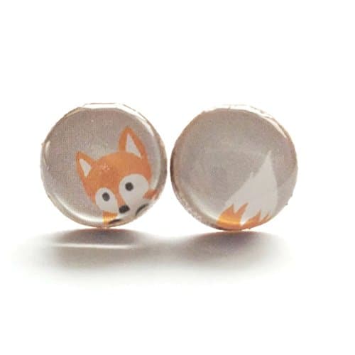 Orange fox head and tail on gray background wood stud earrings 10mm
