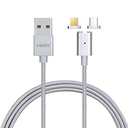 2 in 1 USB-C and Micro USB Magnetic Cable, FANISY STRONGER Magnetic AutoFocus HQ Nylon Braided Charge Data Cable for IPHONE,ANDROID Type C Devices Samsung Galaxy S8, Bluetooth, GPS - Silver