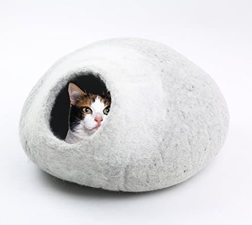 Large Cat Cave Bed - Handmade 100% Wool include Bonus Catnip (Grey spot)