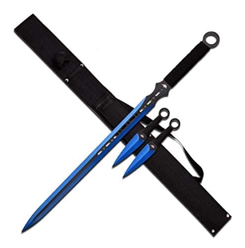 NINJA Sword with Carbon Sharp Blade Durable SET Fantasy Black Blue Blade Double Edge + 2 Kunai Throwing Knives