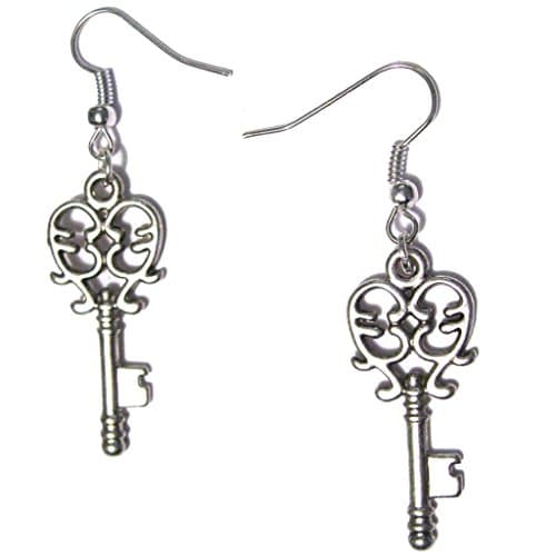 VanillaTron Filigree Style Mini Keys Dangle Silver Plated Hook Charm Earrings 1 pair